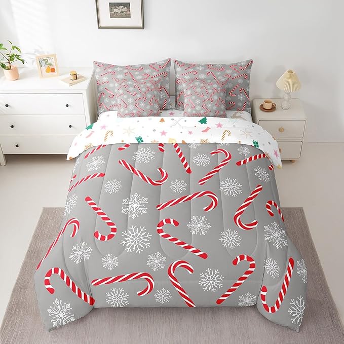 Erosebridal Xmas Candy Cane King Bedding Set 7 Piece,Merry Christmas Bed in A Bag for Kids Boys Girls,Winter Snowflake Comforter Set Grey Christmas Ornaments Sheet Set with Comforter