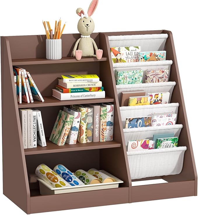 NACHES 4 Tier Kid Bookshelf Wooden 5 Sling Children Bookcase Toddler Montessori Bookcase Book Rack Display Toy Storage Organizer Book Display Shelf Stand Bedroom Nursery Playroom
