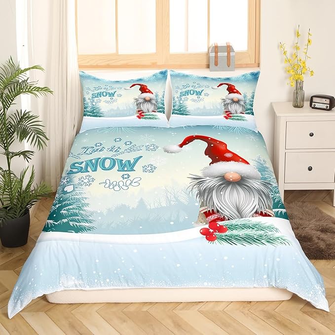 Manfei Winter Duvet Cover Set Twin Size, Christmas Gnomes Bedding Set 2pcs for Kids Boys Girls Bedroom Decor, White Snowflake and Trees Print Xmas Comforter Cover with 1 Pillowcase,No Comforter