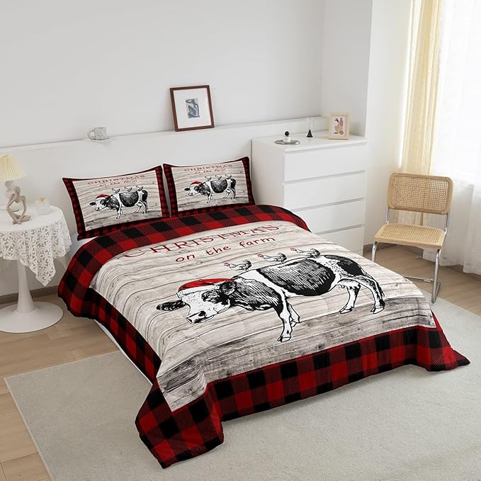 Christmas Farm Boys Kids Comforter Set Full Size,Vintage Wooden Plank Red Grids Duvet Set Room Decor,Cartoon Cow Chicken Brushed Microfiber Soft Bedding Comforter