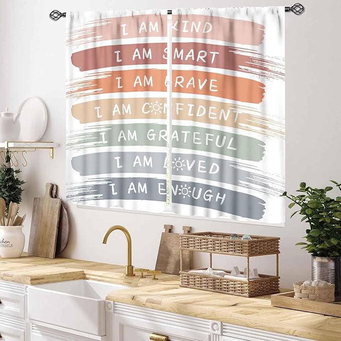 Rainbow Curtains for Classroom, Kids Girls Baby Boho Cute Inspirational Motivational Quotes Cartoon Colorful Pastel Nursery Classroom Bedroom Living Room Bathroom Window Drapes 2 Panels, 55x39 Inch