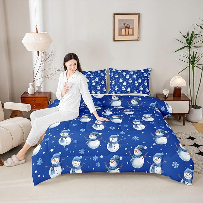 jejeloiu Kids Cute Winter Snowman Comforter Set Full Size Blue Christmas Theme Bedding Set for Boys Girls Teens Xmas Snowflake Happy New Year Duvet Quilt Room Decor