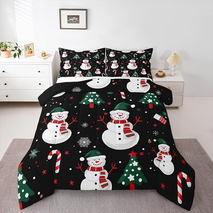 jejeloiu Kids Cute Winter Snowman Comforter Set Toddler Christmas Theme Bedding Set for Boys Girls Teens Xmas Candy Cane Snowflake Happy New Year Duvet Quilt Room Decor