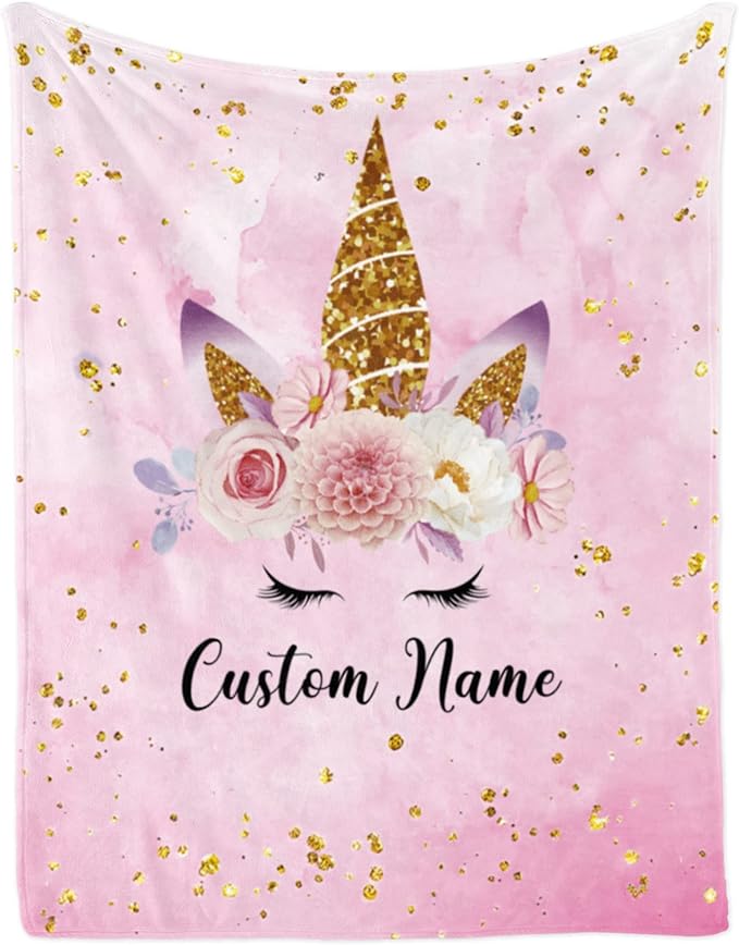 Personalized Horse Blanket with Name for Girl, Custom Name Blanket for Kids, Soft Flannel Pink Horse Toddler Blanket Customized Gift for Birthday Christmas Baby Shower Newborn Gift 60" X 80"
