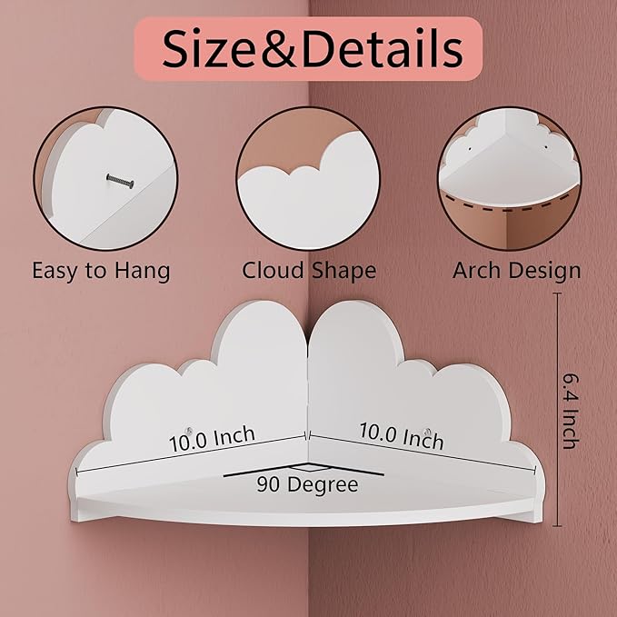 Cloud Floating Corner Shelves - Set of 3 Wood Corner Shelf Wall Mounted, White Nursery Wall Decor, Small Cute Display Shelf for Kid's Room Bedroom Living Room Bathroom