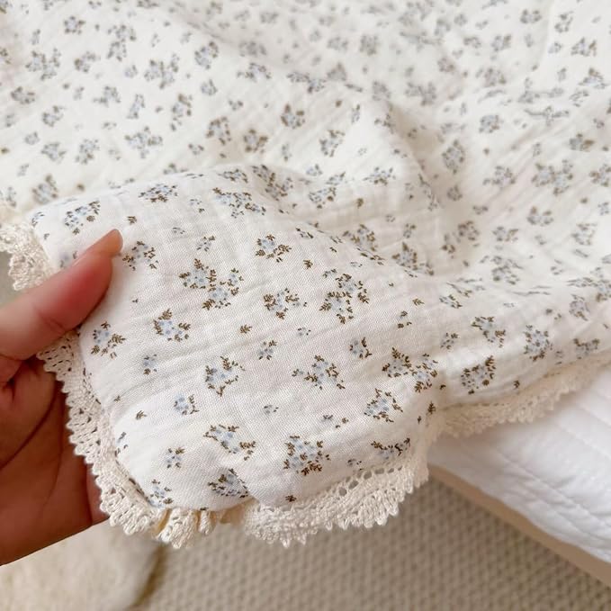 BuLuTu Muslin Cotton Quilt for Toddler Girls Boys, Blue Brown Floral Blanket for Crib/Cot/Toddler Bed Blanket, Soft Lightweight Kids Comforter with Lace Edges, 60x78 Inches, No Pillow Case