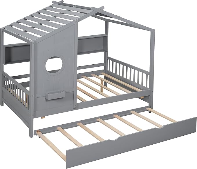 Harper & Bright Designs Full Size Modern House Bed with Roof, Wooden Twin Kids House Bed Frame with Trundle and Storage Shelf, Gray