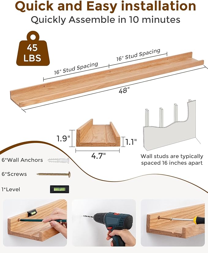 Axeman Oak Picture Ledge Shelf, 48 Inch Floating Shelves Set of 2, Solid Oak Wood Wall Shelves with Lip, Wall Decor Storage for Bedroom Living Room Bathroom Kitchen Nursery Photo Picture, Natural Oak