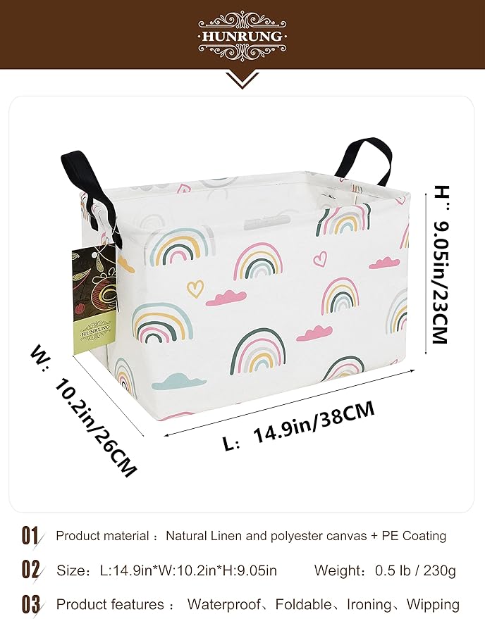 HUNRUNG Rectangle Storage Basket Cute Canvas Organizer Bin for Pet/Children Toys, Books, Clothes Perfect for Rooms/Playroom(Rec-Rainbow)