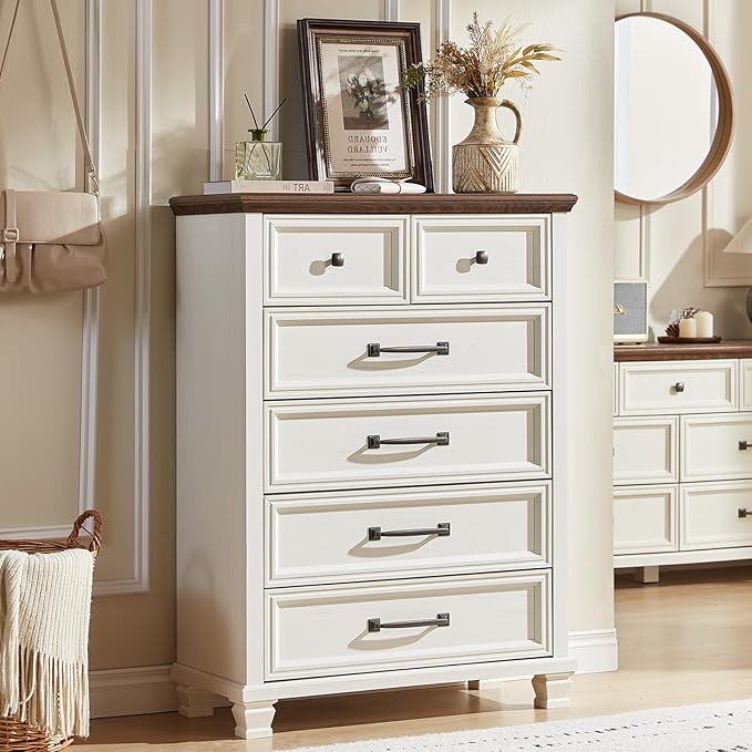 Farmhouse Bedroom Dresser and Nightstand Set of 4, 6 Drawer Tall & Low Dresser & 2 Drawer Nightstand Set, Rustic Wood Furniture Set for Bedroom, Hallway, White