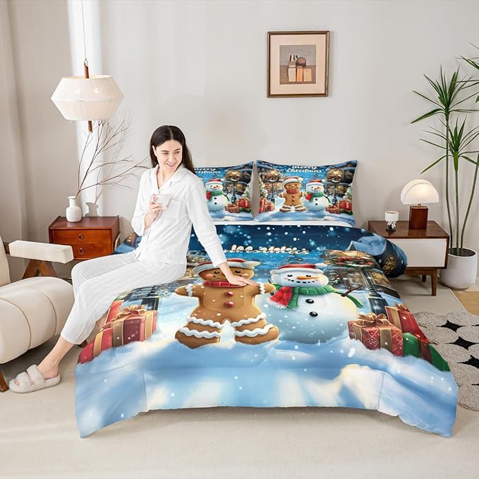 Gingerbread Man Kids Bedding Set King Size,Cute Snowman Merry Christmas Comforter Set,Snowflake Winter Xmas Poinsettia Quilt Comforter,Blue Brown Bedroom Duvet Insert,2 Pillowcases
