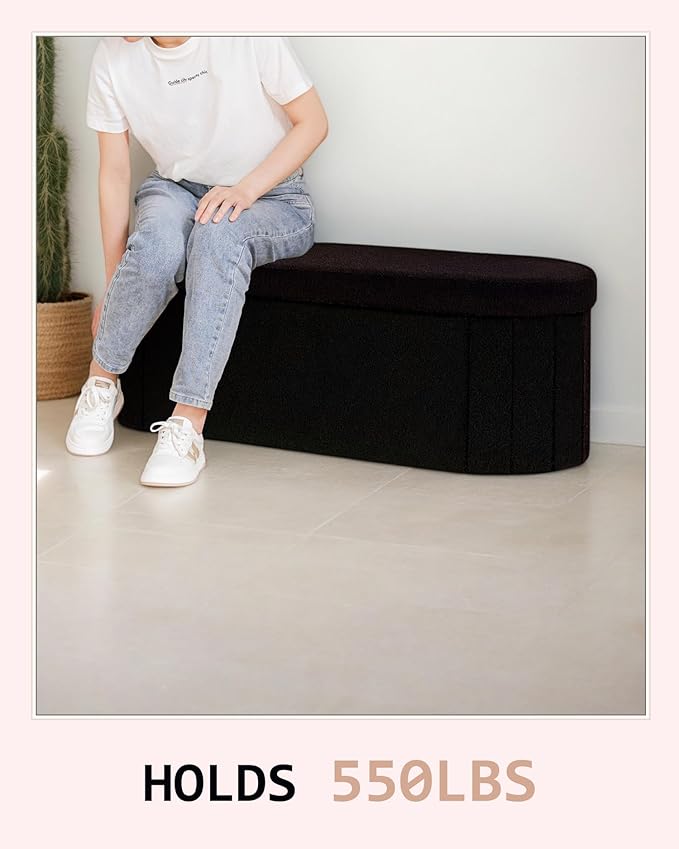 Storage Ottoman Bench, 43.3" Oval Upholstered Ottoman Foot Rest Foldable Boucle End of Bed Storage Bench for Living Room, Entryway, Black