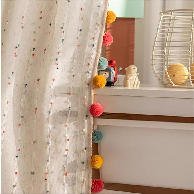 Boho Rainbow Sheer Curtain with Colorful Pom Pom Voile Drapes Light Filtering Faux Linen Stripe Pompom Rod Pocket Window Drapes for Boys /Girls Bedroom/Nursery 2 Panels (W52 X L84 Inch-2PCS,White)