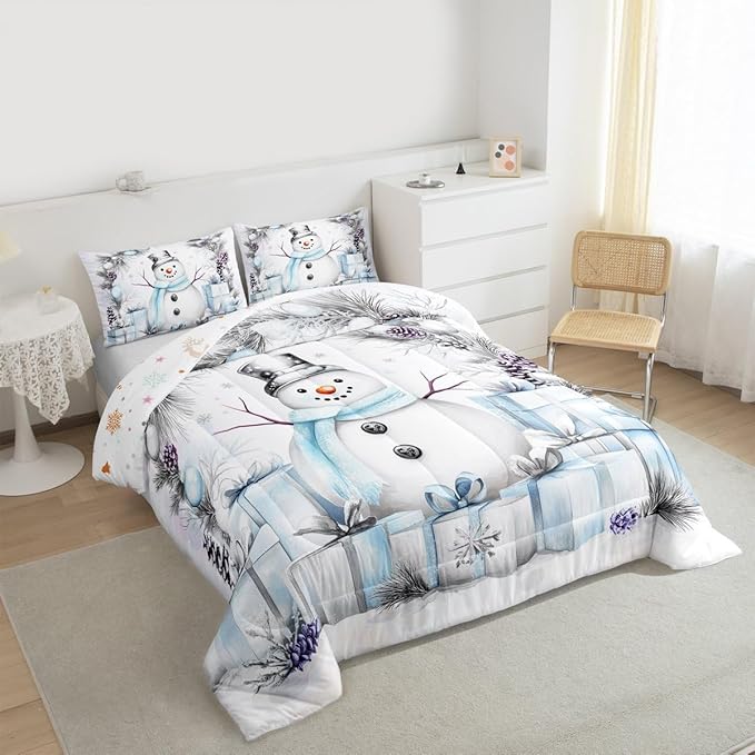 Feelyou Merry Christmas Kids Comforter Set Toddler Size Cute Snowman Bedding Set Duvet Quilt for Kids Boys Girls Bedroom Snowflake Decor Microfiber Ultra Soft Breathable