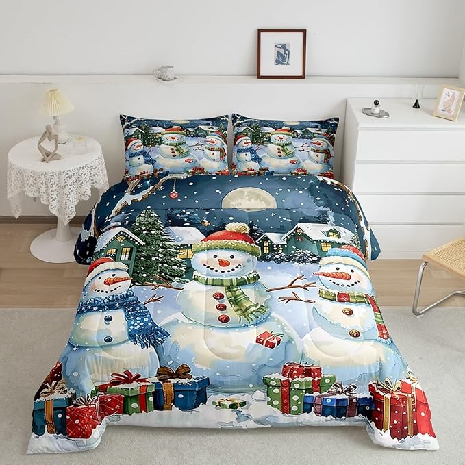 jejeloiu Kids Snowman Comforter Set Twin Size Countryside Christmas Theme Bedding Set for Boys Girls Teens Xmas Tree Snowflake Winter Happy New Year Duvet Quilt Room Decor
