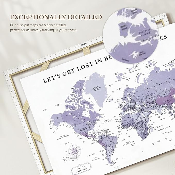 ElephantStock - Beautiful Places II Push Pin World Map Wall Art - Horizontal Canvas Wall Art - Living Room Wall Decor - Digital Art Map Canvas Art - White And Black Decor - 12" x 8"
