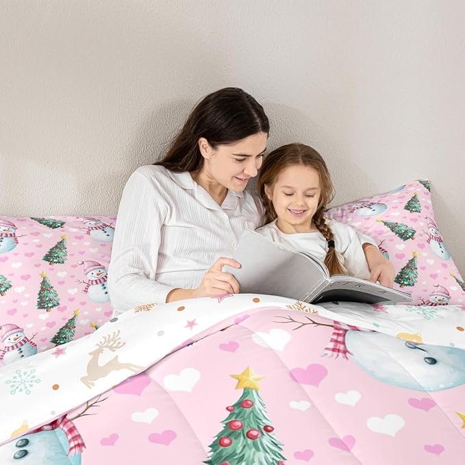 Feelyou Merry Christmas Comforter Set All Season Cute Snowman Bedding Set with 1 Pillow Cases Christmas Tree Microfiber Kids Toddler Bedclothes Love Hearts Duvet Quilt Breathable Soft Lightweight