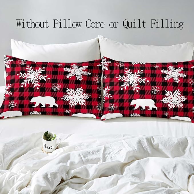 LUVIVIHOME 3PCS Christmas Duvet Cover Full Bedding Set, White Snowflake Bear Woodland Animals Cabin Lodge Holiday New Year Xmas Checkered Black Red Buffalo Plaid Comforter Quilt Cover, 2 Pillow Cases