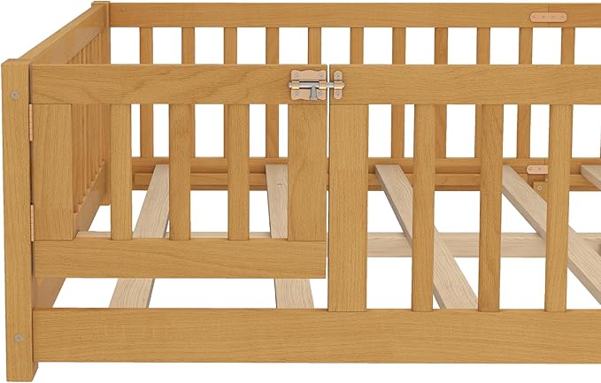Harper & Bright Designs Queen Size Montessori Bed with Door and Fence, Kid's Floor Bed Frame with Solid Wood Support Slats for Boys, Girls, Natural