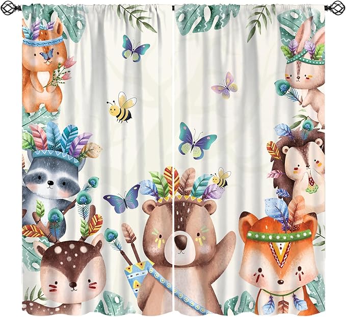 Jungle Safari Curtains, Cute Cartoon Forest Animals Pattern Blackout Window Treatments, Rod Pocket Thermal Insulated Drapes 2 Panel Sets for Children Boys Bedroom Nursery Classroom, 42" W X 54" L