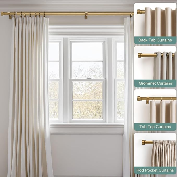 Brass Curtain Rods for Windows 66 to 120 Adjustable Modern Gold Curtain Rod 1 inch Diameter Heavy Duty with Solid Metal Finials for Living Room Bedroom Farmhouse Outdoor Patio