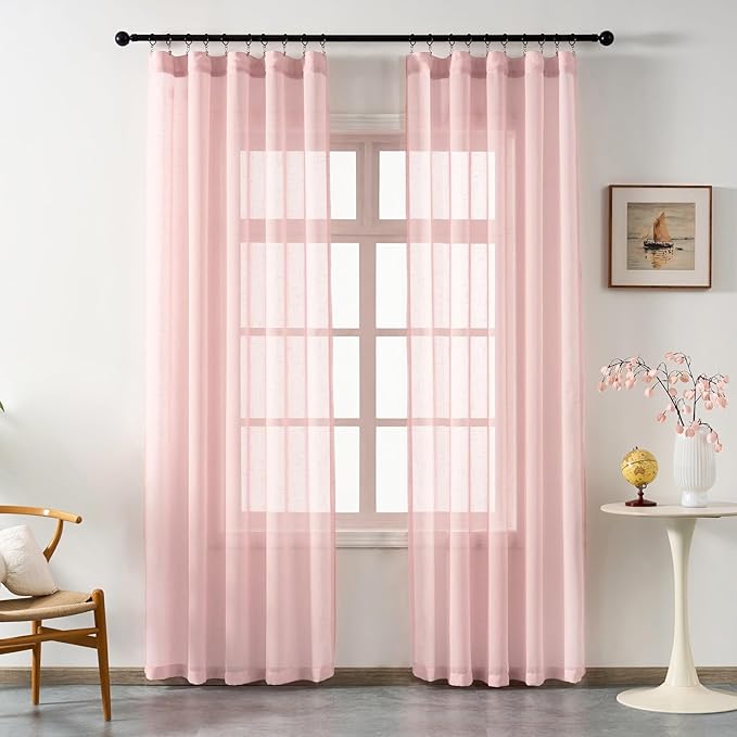 Blush Pink Sheer Curtains 90 Inches Long, Linen Look Textured Light Filtering Drapes for Girls Room Decor, Light Pink Transparent Window Treatments, Pinch Pleat Curtain with Hooks