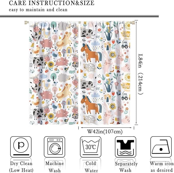 Farm Animal Curtains for Kids, Cartoon Cute Wild Animal Window Treatments Woodland Farmhouse Cow Horse Pig Window Drapes for Girls Boys Nursery Toddler Bedroom 84x84in
