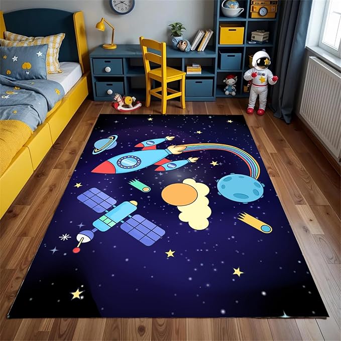 Outer Space Themed Rug,3x5ft,with Cartoon Planets,Stars and Rocket Design Rugs, Suitable for Playroom Bedroom Printed Rug, Non-Slip Machine Washable Carpet, Children's Room Decor