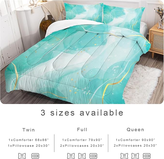 Teal Comforter Set Full: Blue Green Marble Bedding Sets for Teen Girls Kids Aqua Teal and Gold Abstract Marbling Quilts Mint Green Bed Set 1 Comforter & 2 Pillowcases