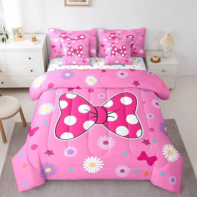 7 Pieces Pink Bowknot Kids Comforter Set Twin,Daisy Flowers Geometric Dot Patchwork Bedding Set,Bow Tie Cute Princess Dreamy Chic（Comforter+Fitted+Flat Sheet+2 Pillowcases+2 Throw Pillow Covers）