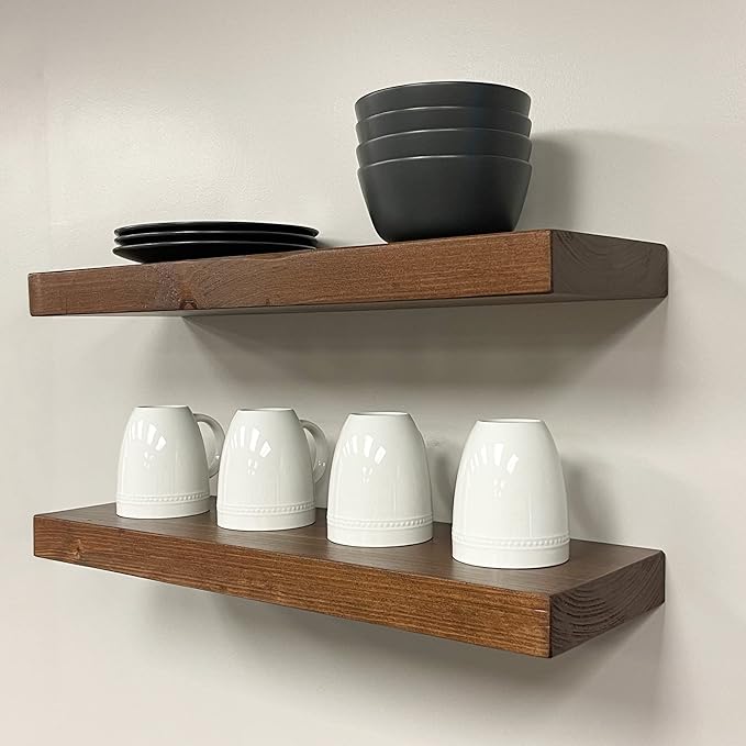 URBANDI, Rustic Floating Shelves, Set of 2, Hidden Bracket, Solid Wood, Heavy Duty, Wall Mounted Shelves, (Provincial, 48Wx6D)