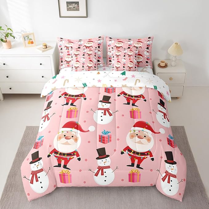 Feelyou Christmas Bed in a Bag Merry Christmas Snowman Comforter Set with Sheets for Kids Boys Girls Decor Santa Claus Bed Set Kawaii Pink Bedding Set Bedroom Collection Twin Size