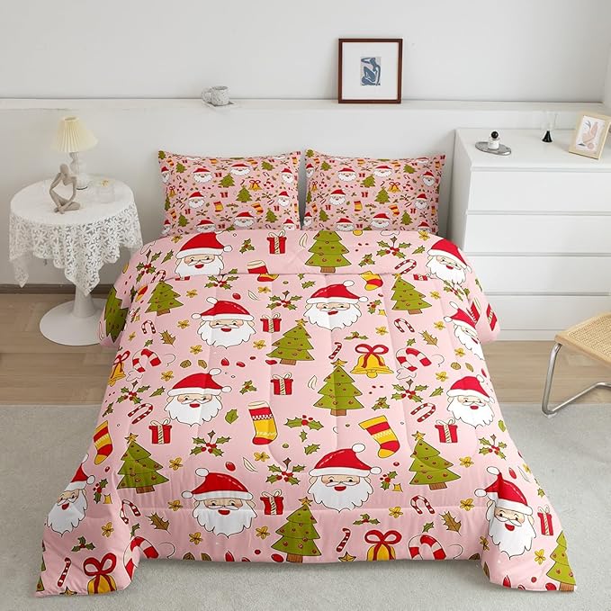 Feelyou Christmas Bedding Set for Kids Boys Girls King Size Cute Santa Claus Comforter Set Ultra Soft Comforter Xmas Tree Duvet Quilt Bedroom Decor Berries Pattern Printed Quilt