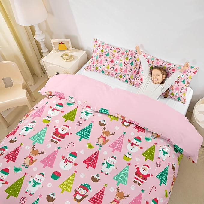 Christmas Bedding Set for Kids Boys Girls Cute Santa Claus Deer Comforter Cover Set Pink Christmas Tree Duvet Cover Bedroom Decor Kawaii Xmas Theme Bedspread Cover Full Size Bedding Collection 3Pcs