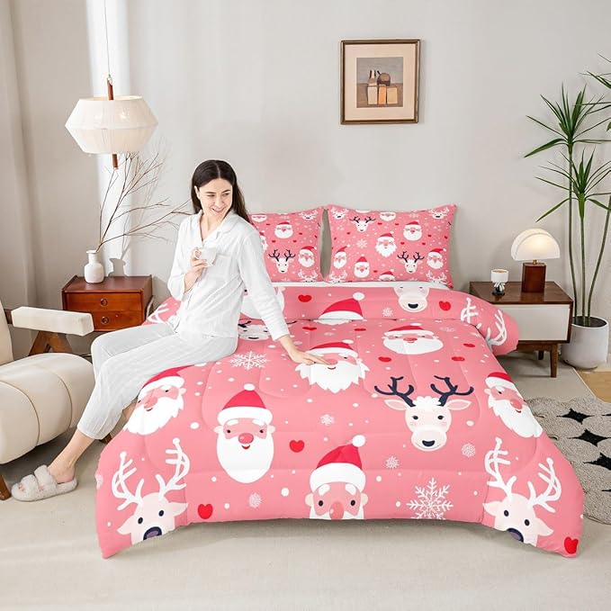 Feelyou Christmas Comforter Set All Season Santa Deer Bedding Set with 2 Pillow Cases Snowflake Microfiber Kids Full Bedclothes Bedroom Decor Duvet Quilt Breathable Soft Lightweight