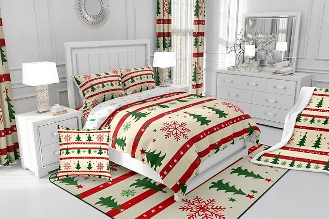 Feelyou Christmas Bedding Set Soft for Boys Girls, Xmas Tree Comforter Set Full Size Snowflake Star Duvet Quilt Microfiber New Year Theme Bedroom Decor 3 Pcs with 2 Pillow Cases