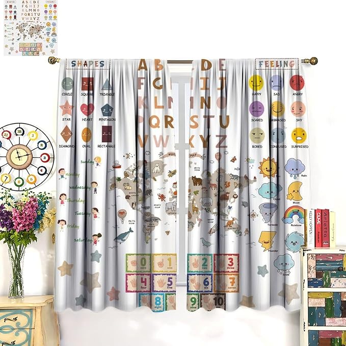Kids Educational Curtain,Pastel ABC Alphabet Continents Map Numbers Shapes Weather Learning Tools Boy Girl Nursery Rod Pocket Blackout Window Treatments for Bedroom Living Room 42" W X 45" L