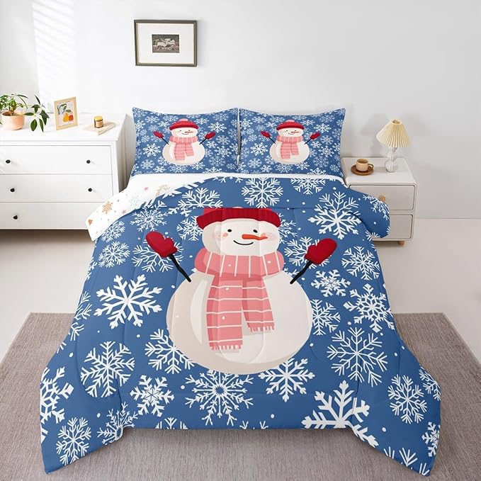 Feelyou Christmas Comforter Set Toddler Size Snowman Blue Bedding Set for Kids Boys Girls Xmas Snowflakes Duvet Quilt Winter Snow Bedroom Decor Microfiber 2 Pcs with 1 Pillow Cases