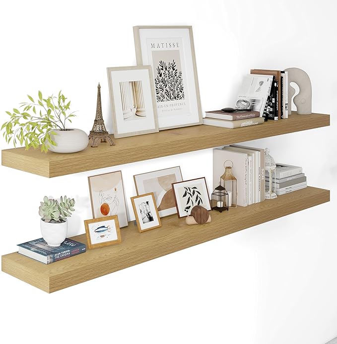 Vivelove 12 Inch Deep Floating Shelves 55 inch Long, 2 Inch Thick Wall Shelves with Invisible Brackets, Shelf for Bedroom Bathroom Living Room Kitchen Office Home Decor, Modern Shelf Set of 2, Oak