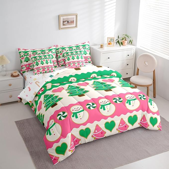 Feelyou Christmas Tree Bedding Set for Kids Boys Girls Cute Cartoon Gingerbread Man Bed in a Bag Snowman Bedding Set Decor Kawaii Xmas Theme Bed Set 7Pcs Queen Size