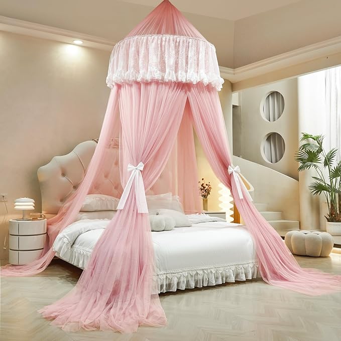 AIKASY Princess Bed Canopy for Girls – Double Layer Sheer Mesh Dome with Romantic Lace Trim, Dreamy Mosquito Net Tent for Twin/Full/Queen/King Beds(Coral)