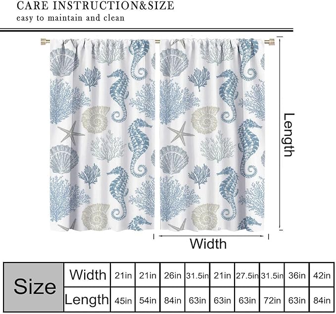 Seahorse Coral Curtains,Starfish Seashell Beach Sea Starfish Seashell Theme Pattern Blackout Print Home Bedroom Living Room Window Treatmen 2 Panel Set 63x63 Inch