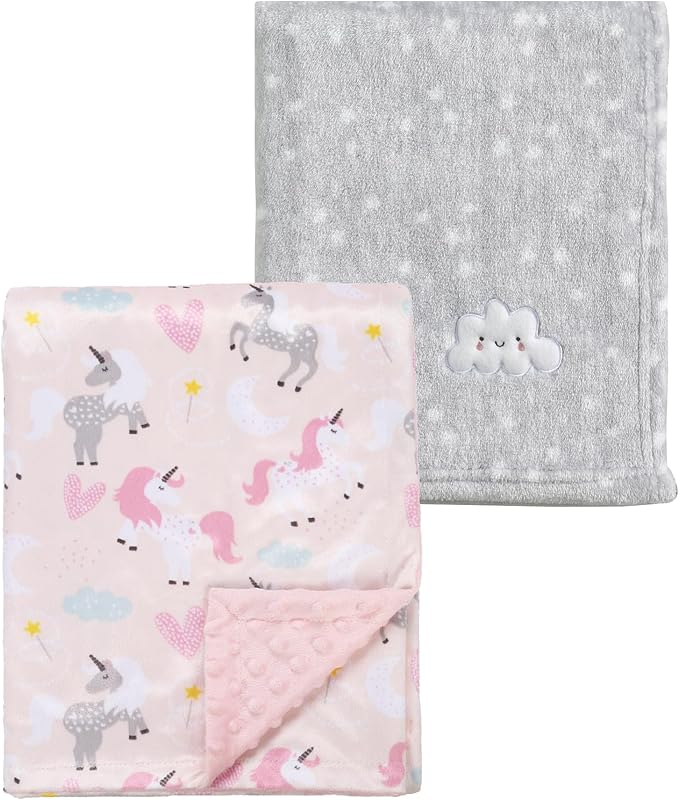 CREVENT 2Pcs 30''X40'' Cute Cozy Fluffy Warm Baby Blankets for Infants Toddlers' Bedding Crib Cot Stroller - Grey Cloud + Minky Unicorn
