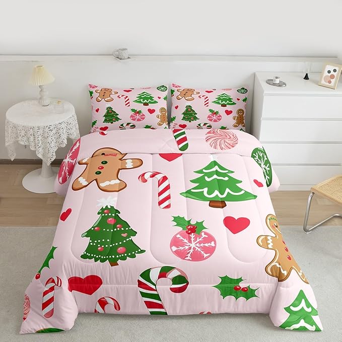 Feelyou Merry Christmas Kids Comforter Set King Size Gingerbread Man Bedding Set Christmas Decor Duvet Quilt for Kids Boys Girls Bedroom New Year Gift Decor Microfiber Ultra Soft Breathable