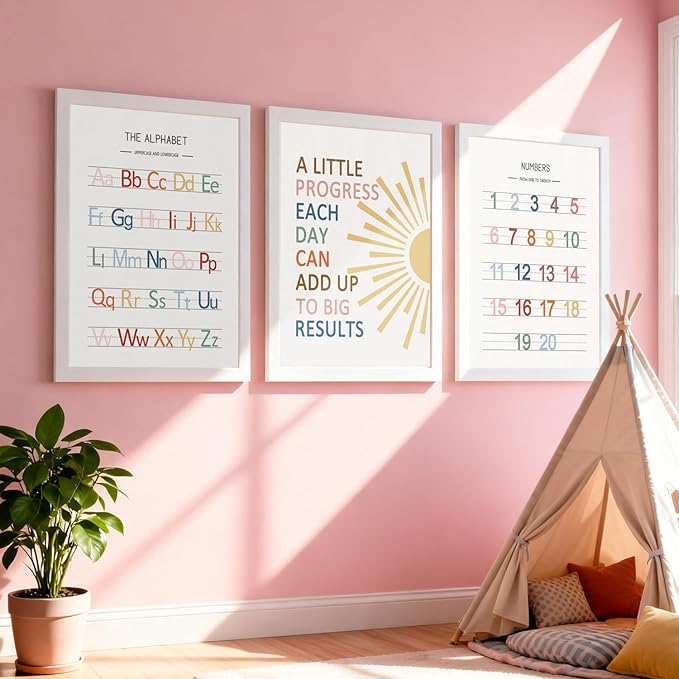 3 PCS Alphabet Numbers Framed Playroom Wall Decor,Classroom Must Haves,A Little Progress Each Day Boho Educational ABC Poster Wooden Sign for Baby Girl Kid Boy Toddlers,Neutral Preschool English Letters Nursery Decor for Homeschool Kindergarten Kids Le...