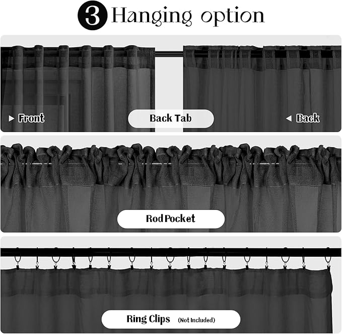 Dreaming Casa Black Sheer Curtains 84 Inches Long, Rod Pocket & Back Tab Light Filtering Textured Sheers for Living Room Bedroom, 2 Panels, Each 100" W x 84" L