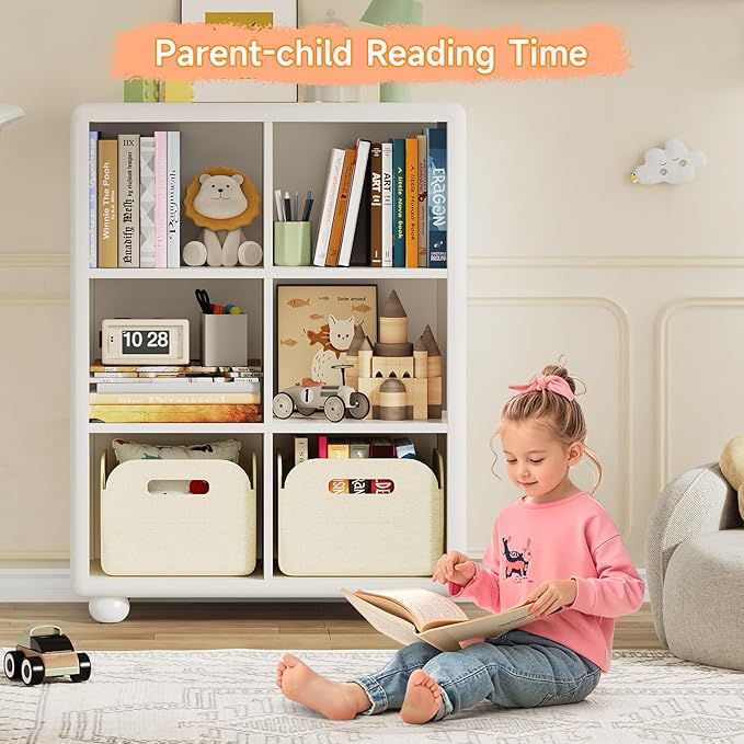 Kids Bookshelf, Large Wooden Bookcase with 6 Cube Storage, Girl Toy Storage Organizer Cabinet with Child Safe Paint&Thick Board, Boy Tall Book Shelves Nook for Office Playroom Living Room (White)