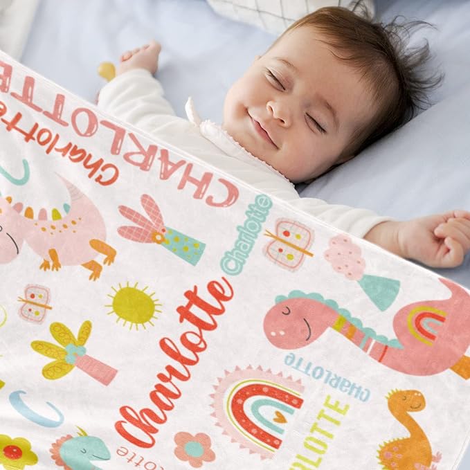 Personalized Dinosaur Blanket with Name for Girl, Custom Name Blanket for Kids, Soft Flannel Pink Dinosaur Toddler Blanket Customized Gift for Birthday Christmas Baby Shower Newborn Gift 30" X 40"
