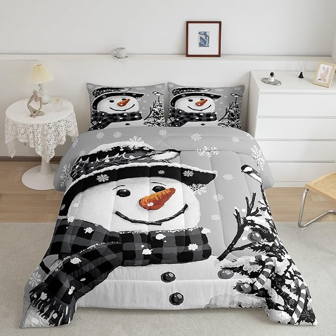 Feelyou Kids Christmas Theme Decorations Bedding Set Xmas Snowman Comforter Set for Boys Girls Snowflake Kawaii Cute Grey Bedroom Collection Twin Size