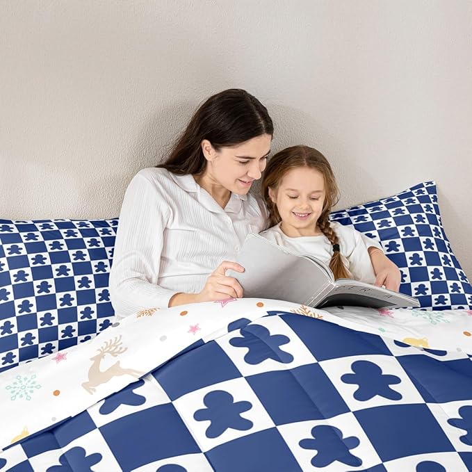 Feelyou Christmas Kids Comforter Set Full Size Checkered Bedding Set Gingerbread Man Duvet Quilt for Kids Boys Girls Bedroom Xmas Decorations Decor Blue Microfiber Ultra Soft Breathable